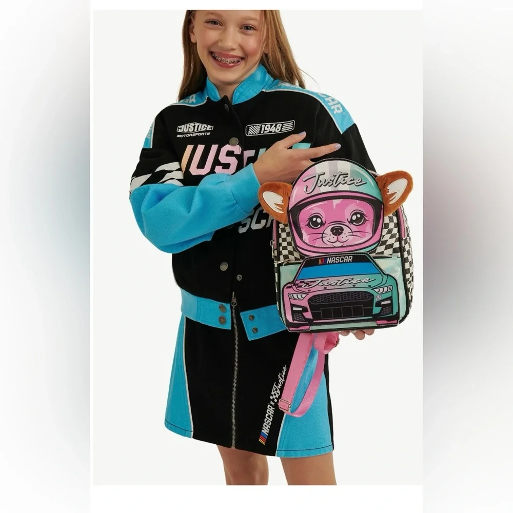 NWT Justice xNASCAR Girls Mini Racer Backpack Checkerboard Pink Multi Plush Ears